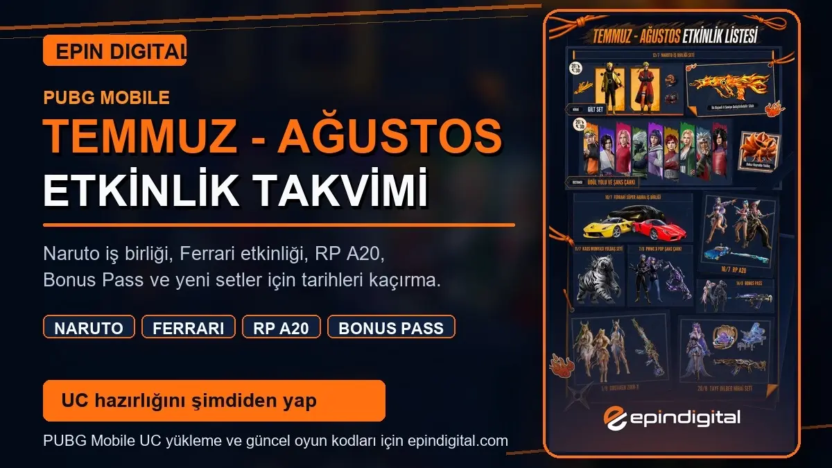 PUBG Mobile Temmuz-Ağustos 2026: Naruto, Ferrari, RP A20 ve UC Rehberi