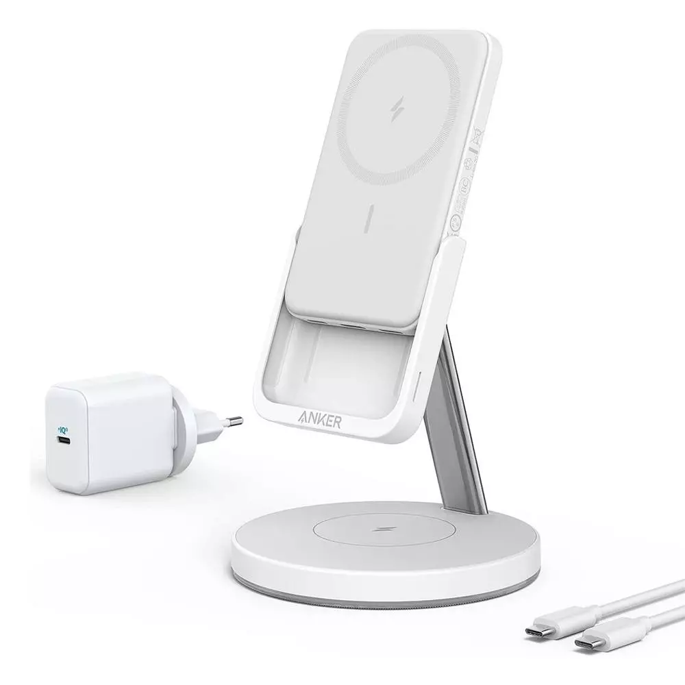 Anker PowerWave MagGO 2in1 Stand MagSafe Uyumlu 5000mAh Powerbank - Beyaz
